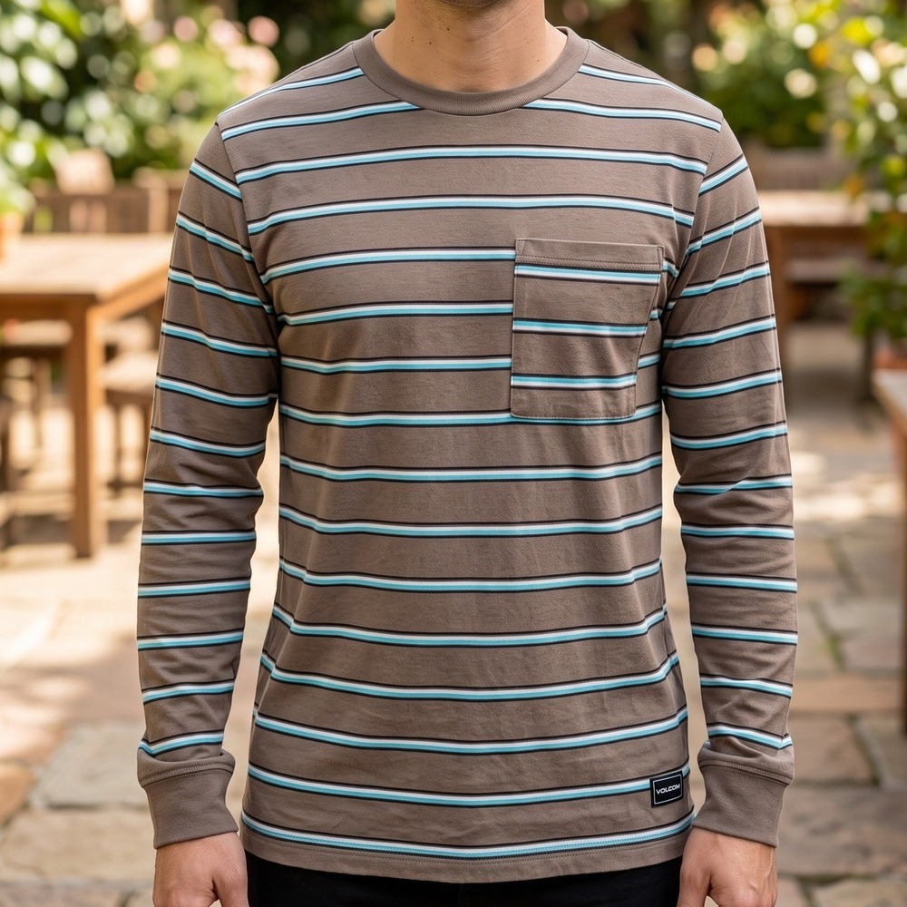 Volcom Mens Striped Long Sleeve Pocket T-Shirt Brown Blue White Skater Tee